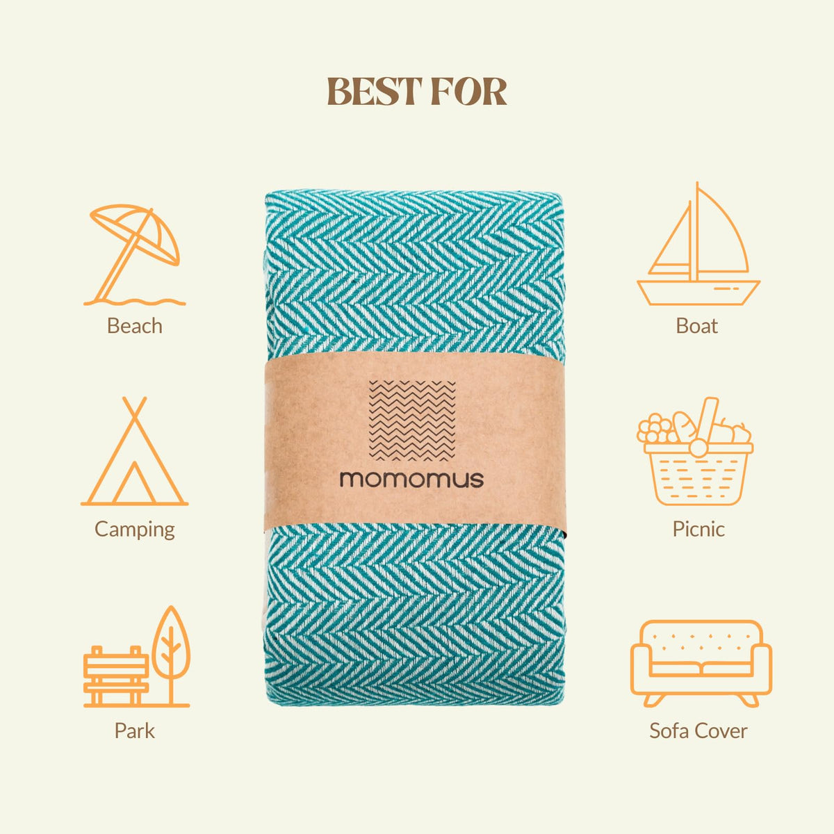 MOMOMUS Beach Towel 90 x 170 cm, 100% Cotton, Fouta Hammam Towel, Sea Green
