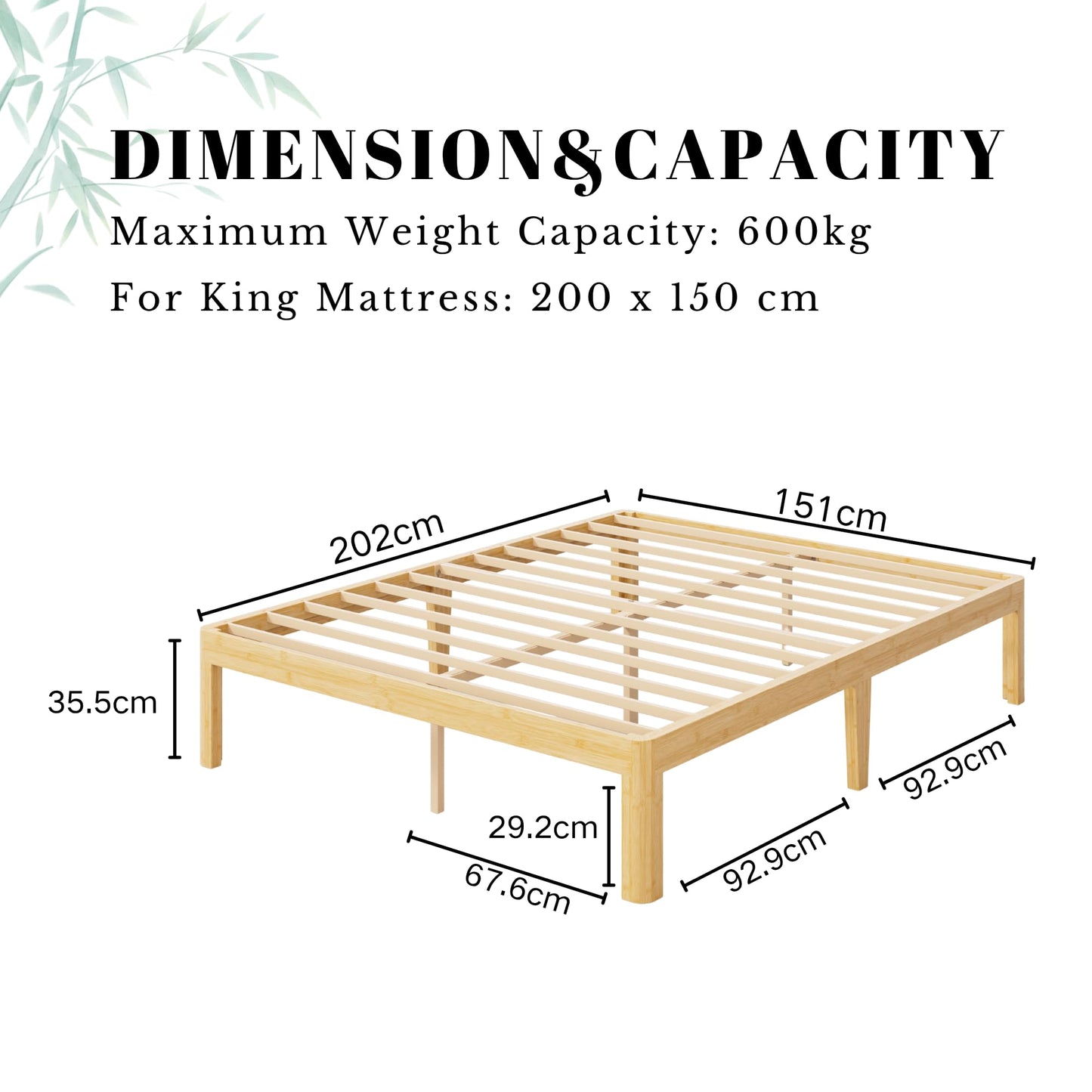 QFtime Bamboo Wood King Size Bed Frame with Metal Slats Support, Platform King Bed Frame, Easy to Install, Noise Free, Sturdy, 35.5 cm High