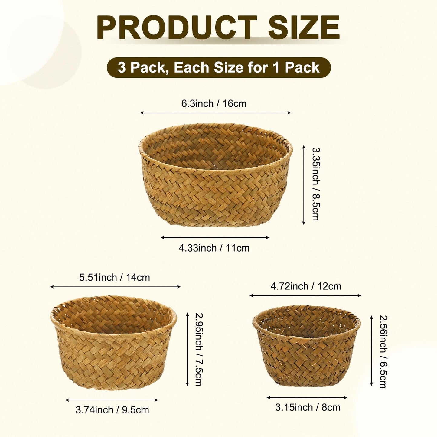 M METERXITY 3-Pack Natural Seagrass Woven Storage Basket, Small Round Storage Seaweed Woven Sundries Baskets for Fruit/Kitchen/Desktop/Household