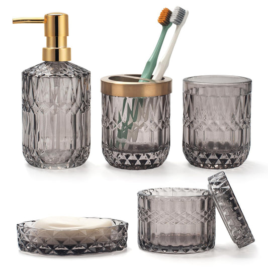 5PCS Grey Glass Bathroom Accessories Sets of Lotion Dispenser, Soap Dish, Toothbrush Holder, Tumbler, Cotton Swab Jars, Modern Bath Decor, Vintage
