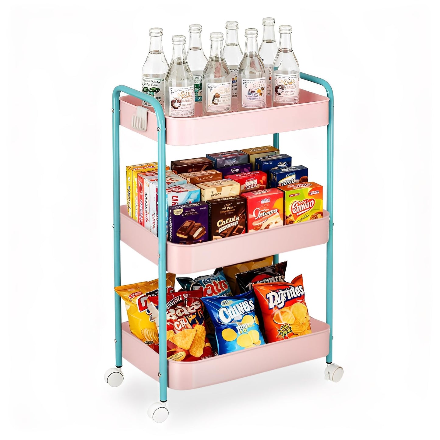 3 Tier Metal Storage Trolley on Wheels Kitchen Trolleys Utility Rolling Cart with Handle ,Mesh Storage Cart Bathroom Cart Veg Rack and Multi-Purpose