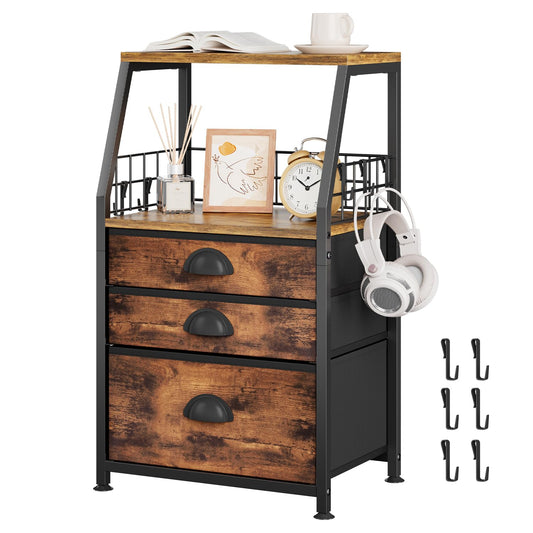 VASZOLA 3 Fabric Drawers Organizer Tower with 6 Hooks and 2 Shelves, Small End Side Table for Printer with Chest of Files Drawers, Ideal for Bedroom