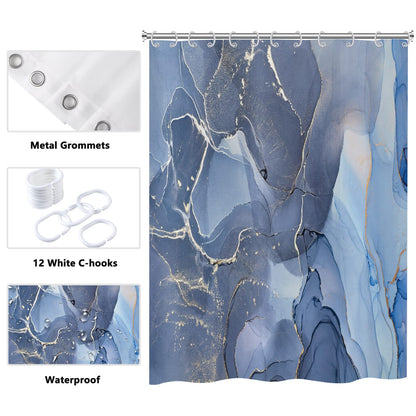 ASDCXZ Shower Curtain Blue Gold Marble 180x200 cm, Modern Abstract Blue Gold White Marble Optic Texture Washable Shower Curtains Polyester Textile