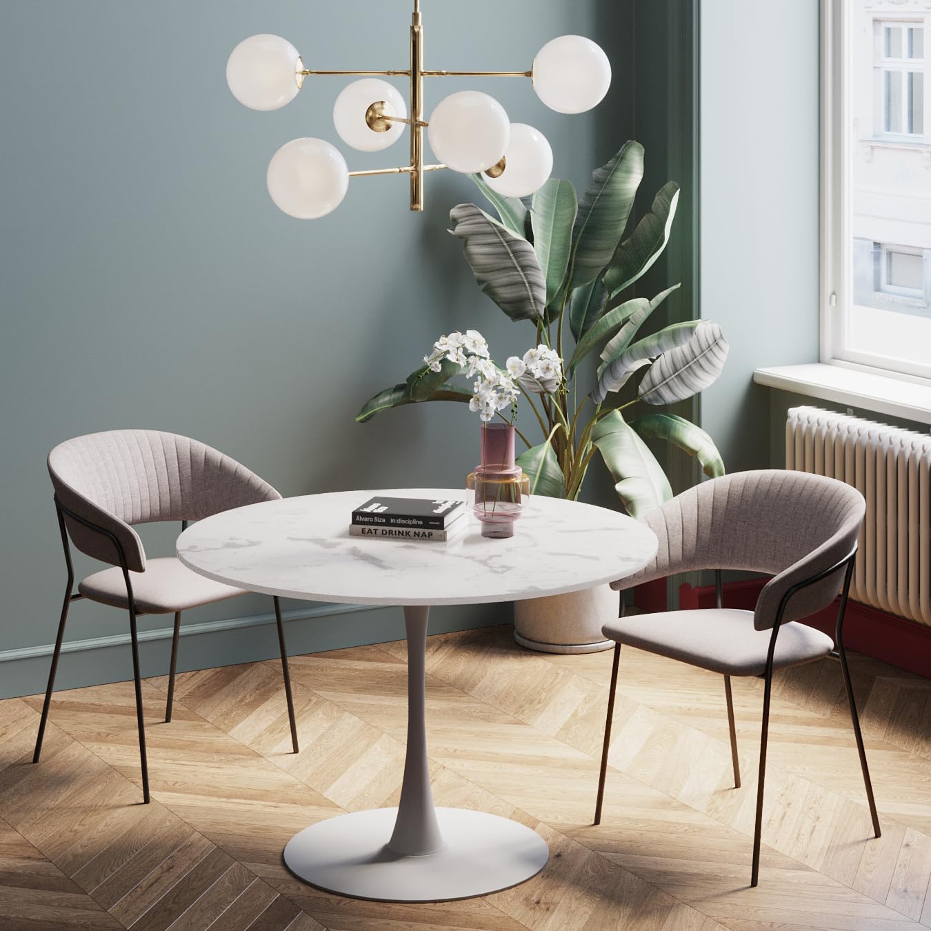 Kare Design Table Veneto Marble, White, Diameter 110cm, Modern Round Dining Table for 4-6 People, Furniture for Dining Room, Kitchen, Living Room