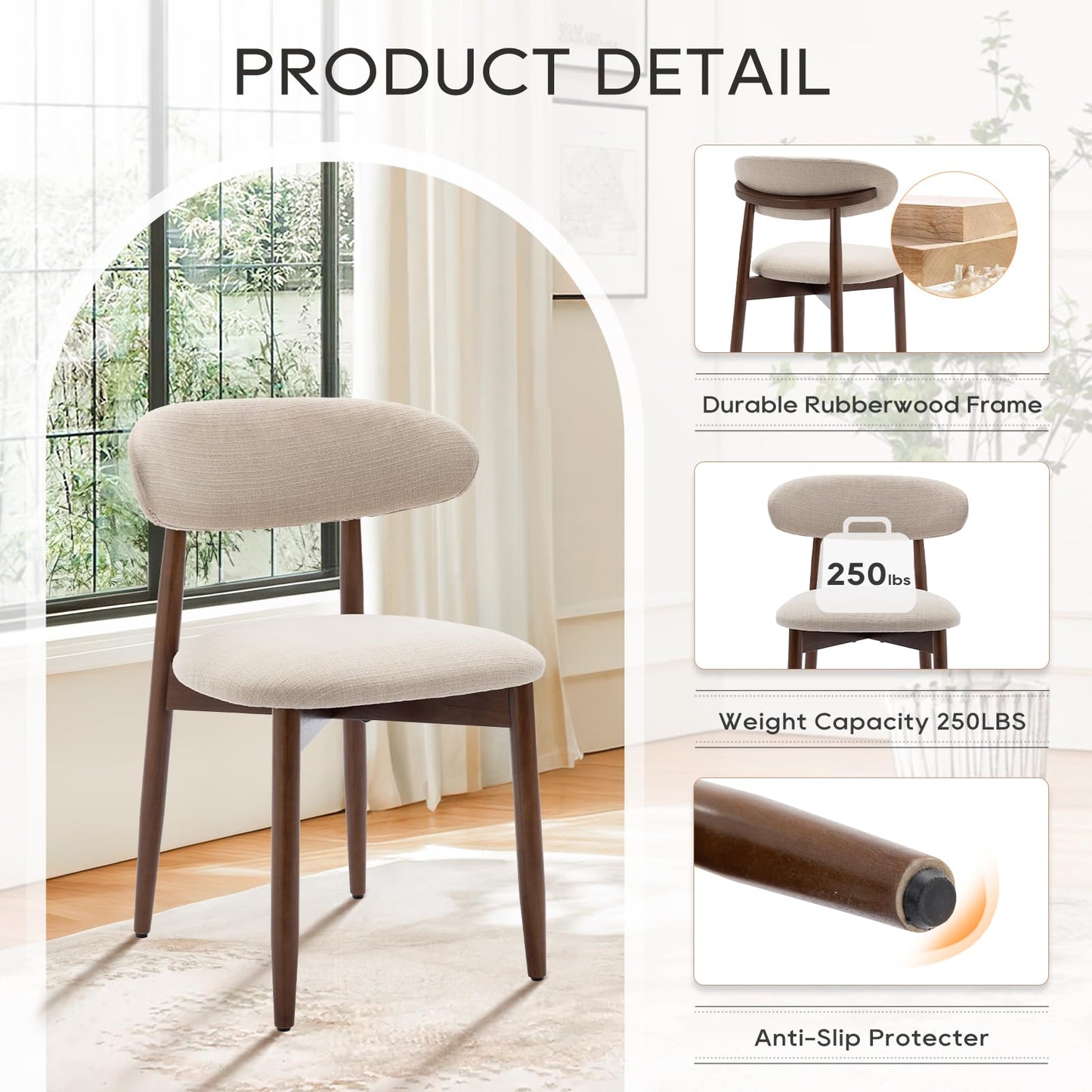 COLAMY Modern Dining Chairs Set with Wooden Legs – Upholstered Fabric Dining Room Chairs with Curved Backrest, Soft Cushion Seat