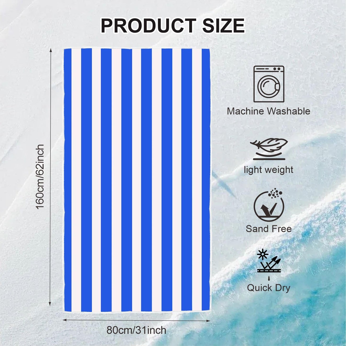Large Quick Dry Microfibre Beach Towel 160x90cm, Double Sided Blue & White Striped Lightweight Travel Towel with Carry Bag