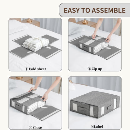 JINEATHES 2 Pack Sheet Organizers and Storage, Foldable Bed Sheet Organizer for Linen ClosetQueen & King Size with Band, 2 Windows & 2 Handles
