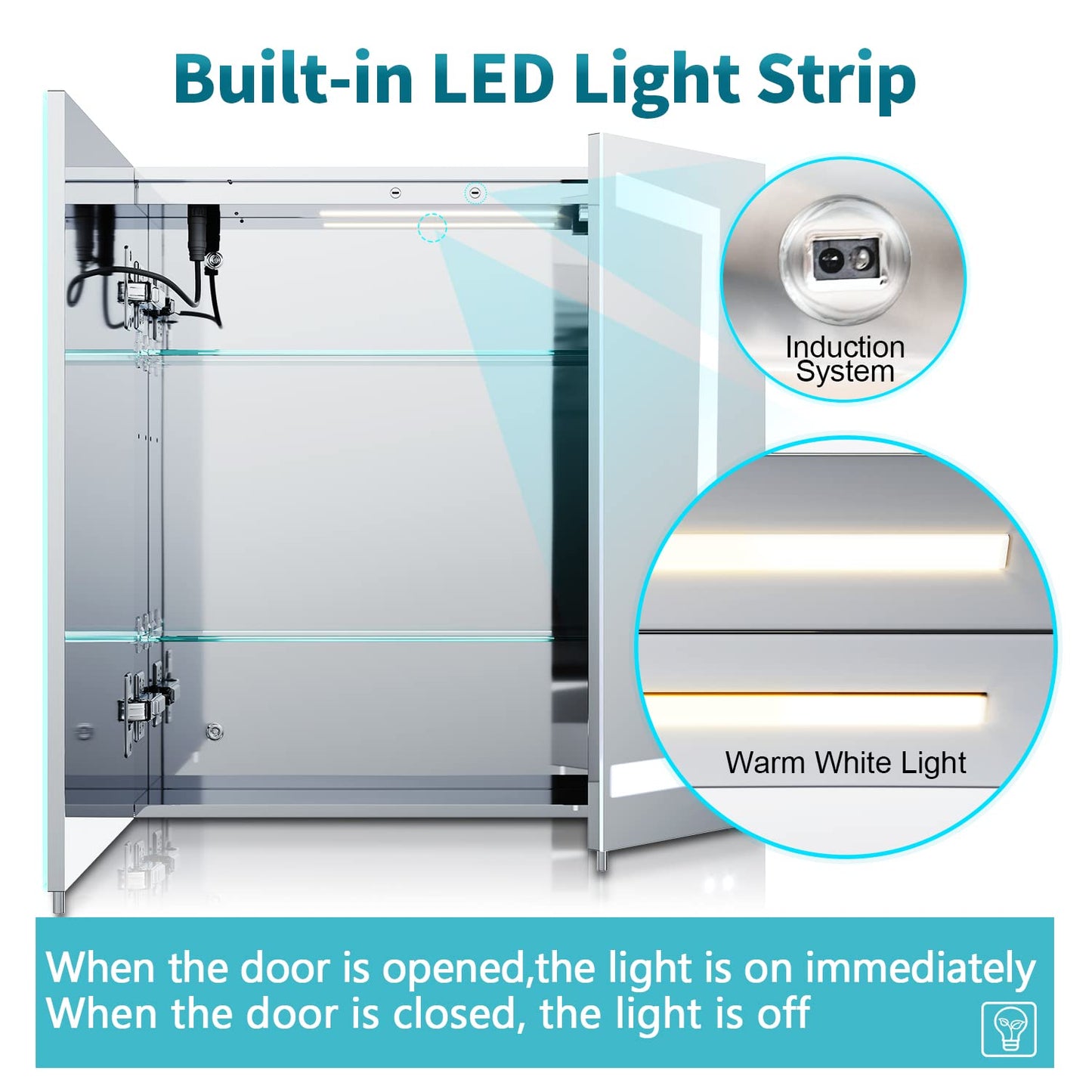 ELEGANT Bathroom Mirror Cabinets with Lights and Shaver Socket, Double Door Stainless Steel Bathroom Wall Cabinets with Three-color Infinitely