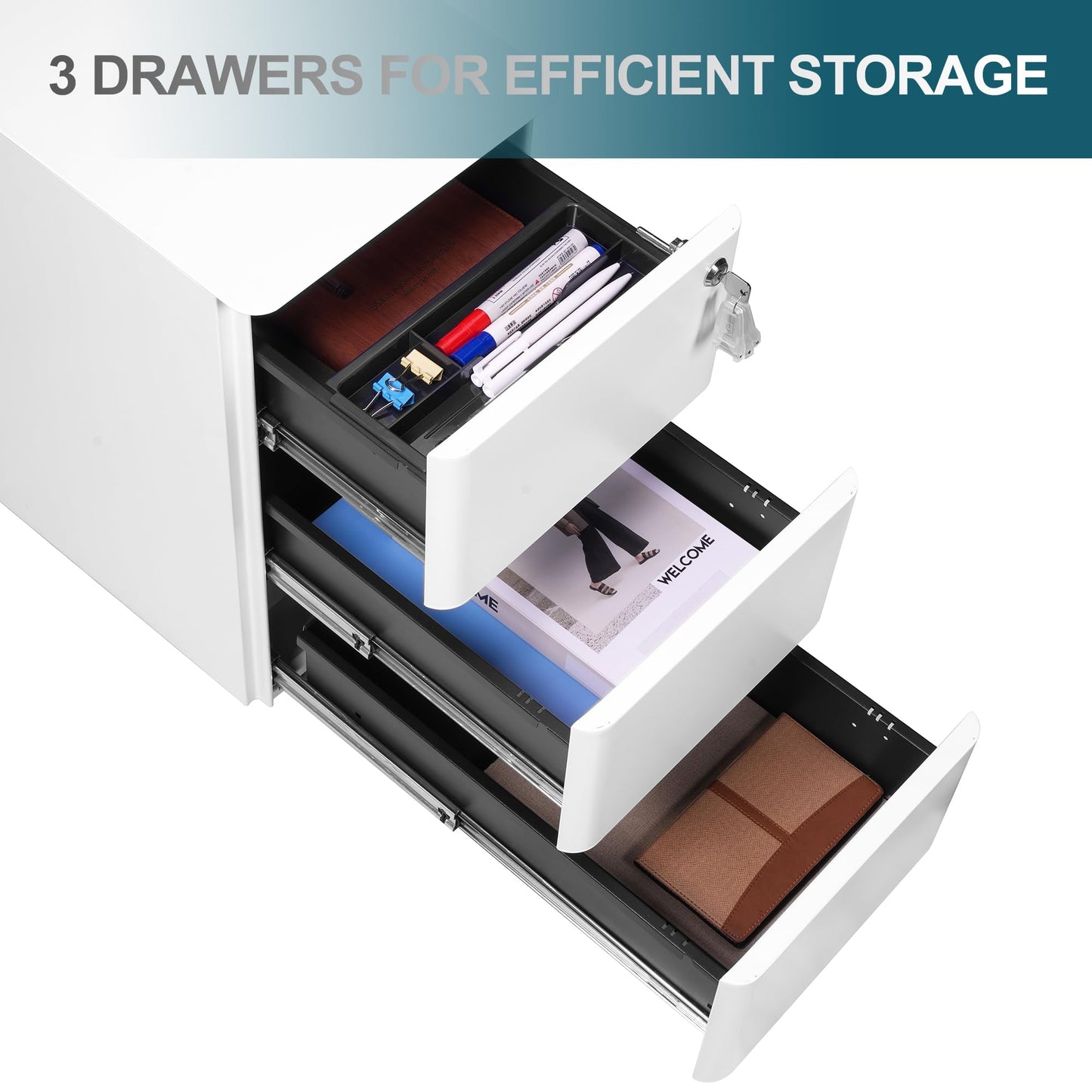 LVSTEEL Lockable 3-Drawer Metal Filing Cabinet on Wheels, Fully Assembled Mobile Office Storage, Filing Cabinets for Home Office, Fits Under Desk