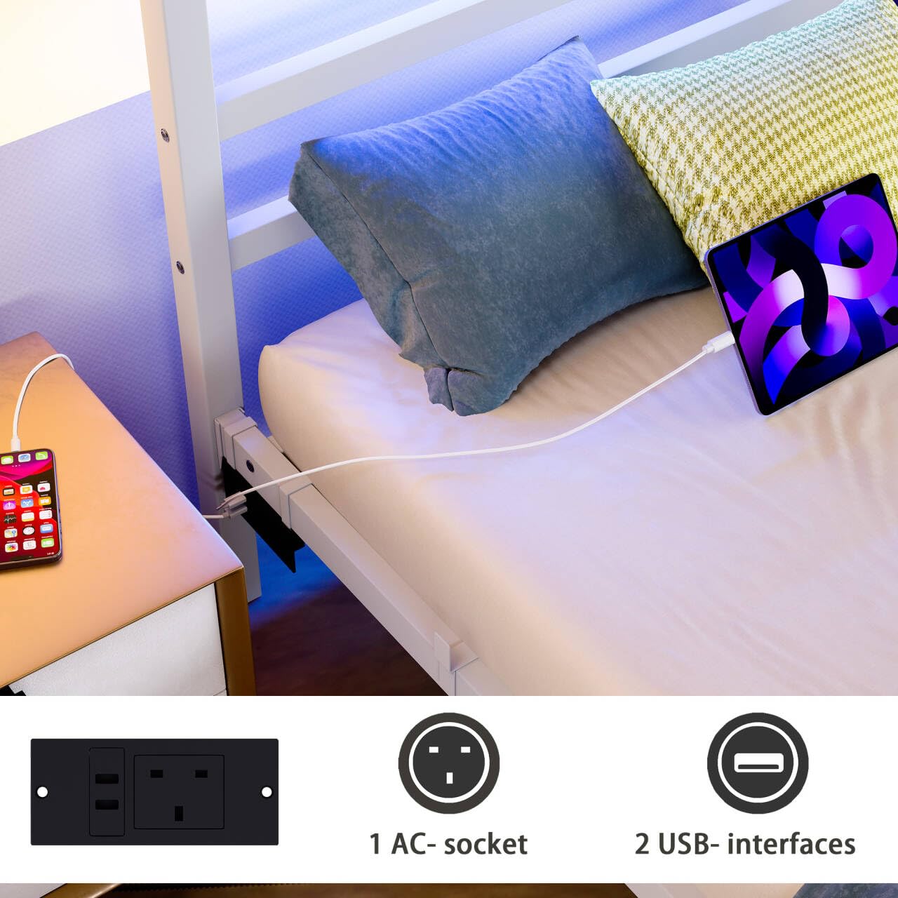 BORPHOM 3ft Single Bed Frame with Headboard & LED Lights,Heavy Duty Metal Platform Bed Frame with Charging Station,Mattress Base/Strong Steel Slats
