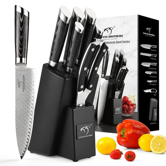 NANFANG BROTHERS Damascus Knife Set with Block - 7 Pieces, Includes Chef, Bread & Santoku Knives, Paring Knife, Shears