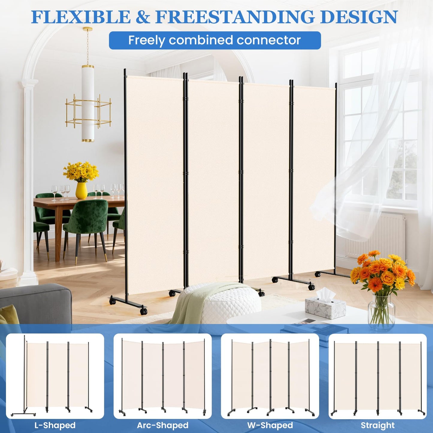 6 Panel Room Divider 183CM Folding Privacy Screens with Lockable Wheels