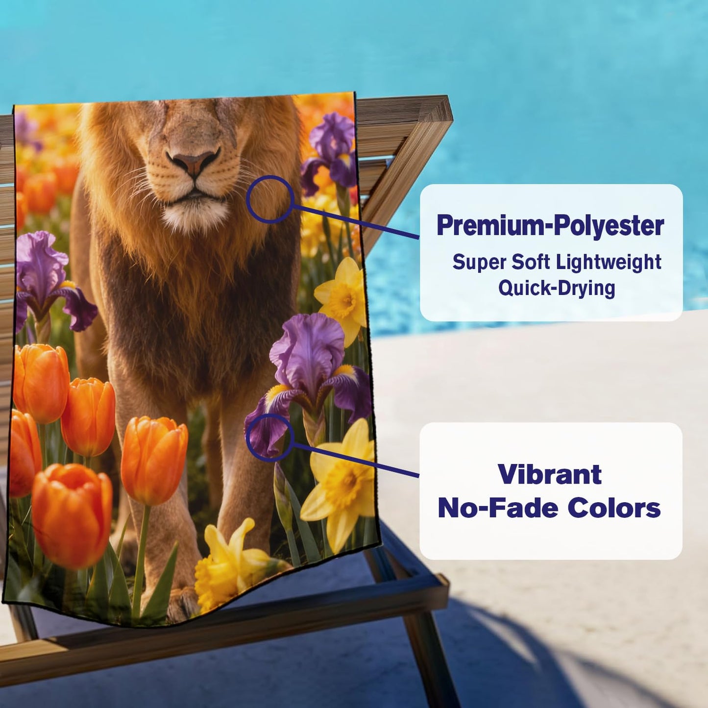 Violetpos Lion in Tulips & Irises Beach Towel, Extra Large 180x90 cm 250GSM Microfibre, Sand Free Quick Dry