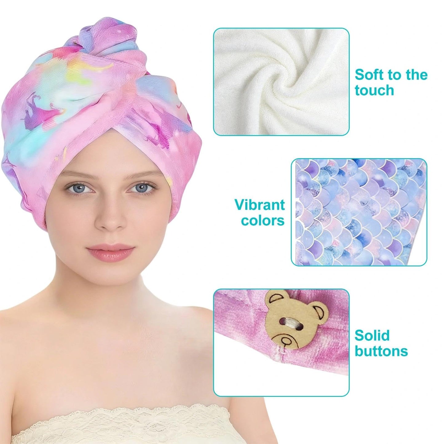 YIFKJYLF 3 Pcs Microfibre Hair Towel Wrap - Quick Drying and Super Absorbent Hair Towel Turban with Button for Women