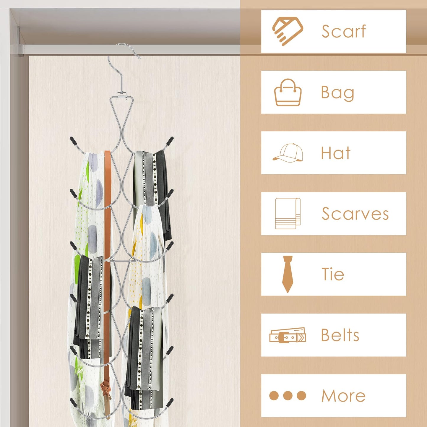 2 Pcs Scarf Hanger with 12 Hooks Metal Hanging Organiser Storage Belt Ties Scarves 360°rotating Scarf Rack Space Savers Closet Scarfs Holder Foldable