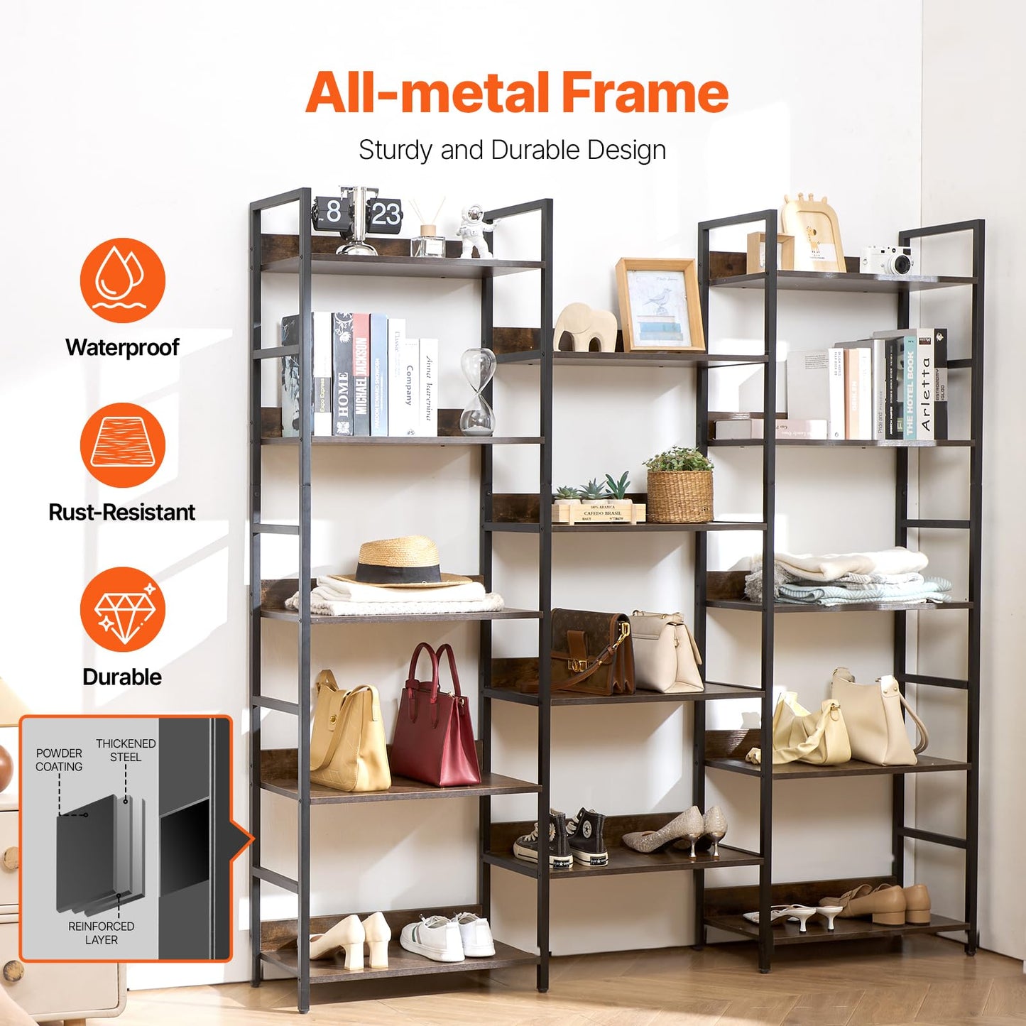 VEVOR Triple Metal Bookshelf, 14-Tier Industrial Bookshelf, Large Rustic Vintage Storage Bookcase with Open Shelves