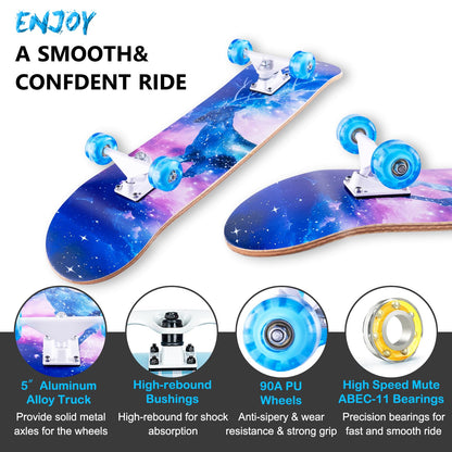 CLYCTIP Skateboards,31 x 8 inch Complete Skateboard for Beginners,8 Layer Maple Concave Cruiser Trick Skateboard for Teens and Adults (Blue-L)