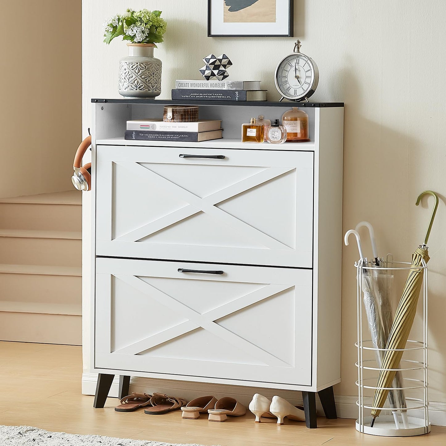 LELELINKY Hidden Slim Narrow Shoe Storage with 2 Flip Drawers, White