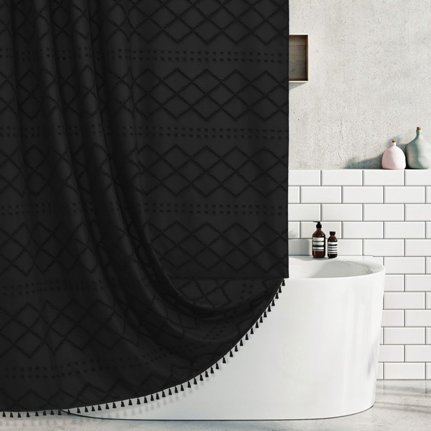 Extra Long Boho Black Woven Fabric Shower Curtain with Tassels 54 x 78 Modern Farmhouse Minimalist, Tufted Chevron Striped Shabby Chic Textured