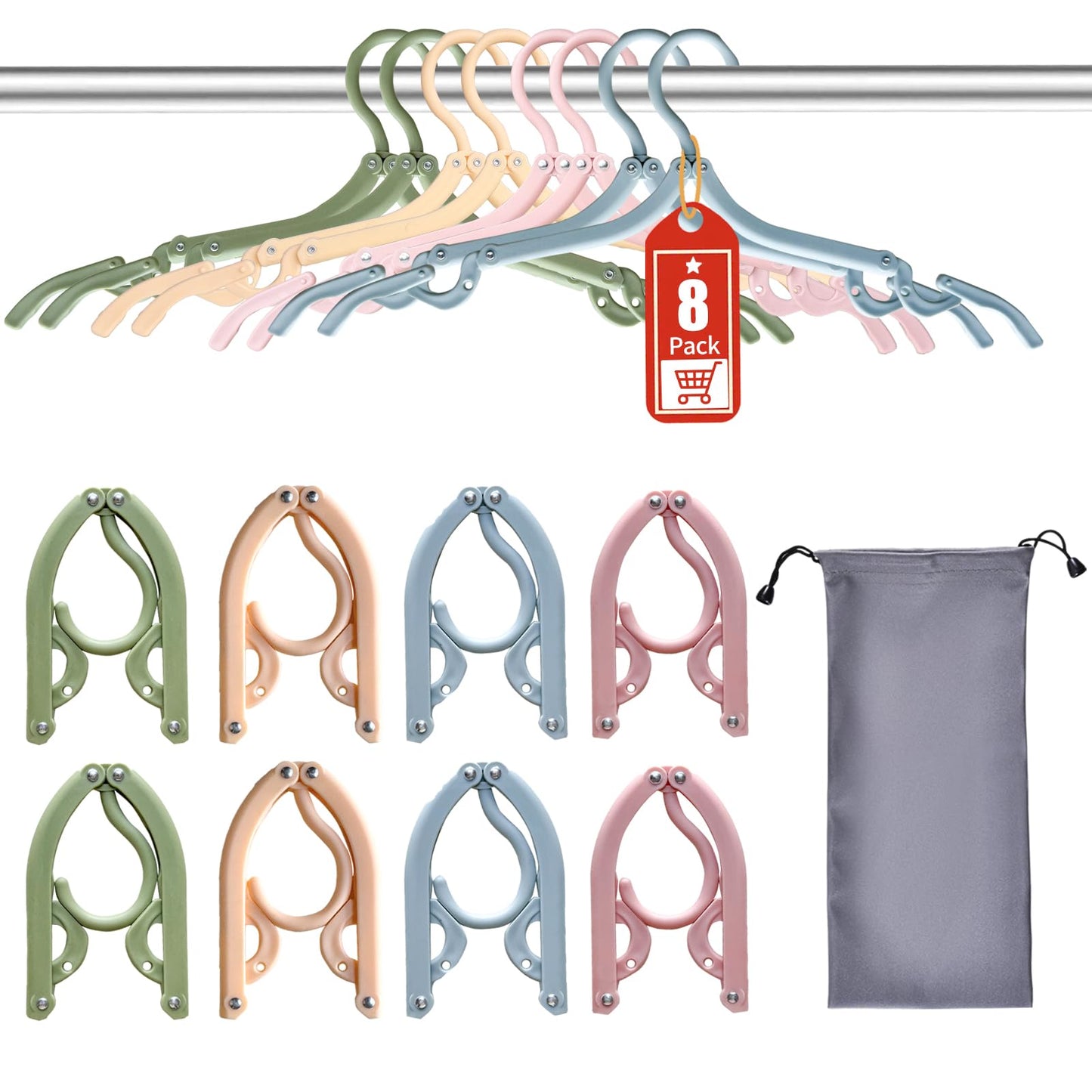 Sazfli 8-Pack Foldable Travel Hangers – Multi-Color (Pink, Blue, Green, Orange), Compact 5.5×3 in, Non-Slip