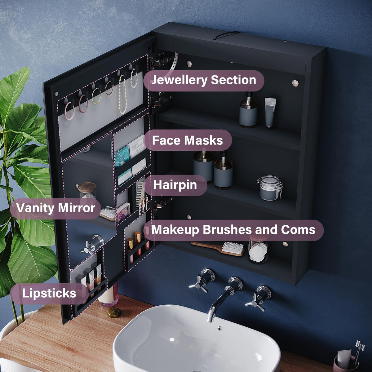 ZANOFIRA Bathroom Mirror Cabinet with LED Lights and Shaver Socket, 485x700mm Fully Assembled Wall-Mounted Mirror Cabinet with 3 Colors Dimmable and