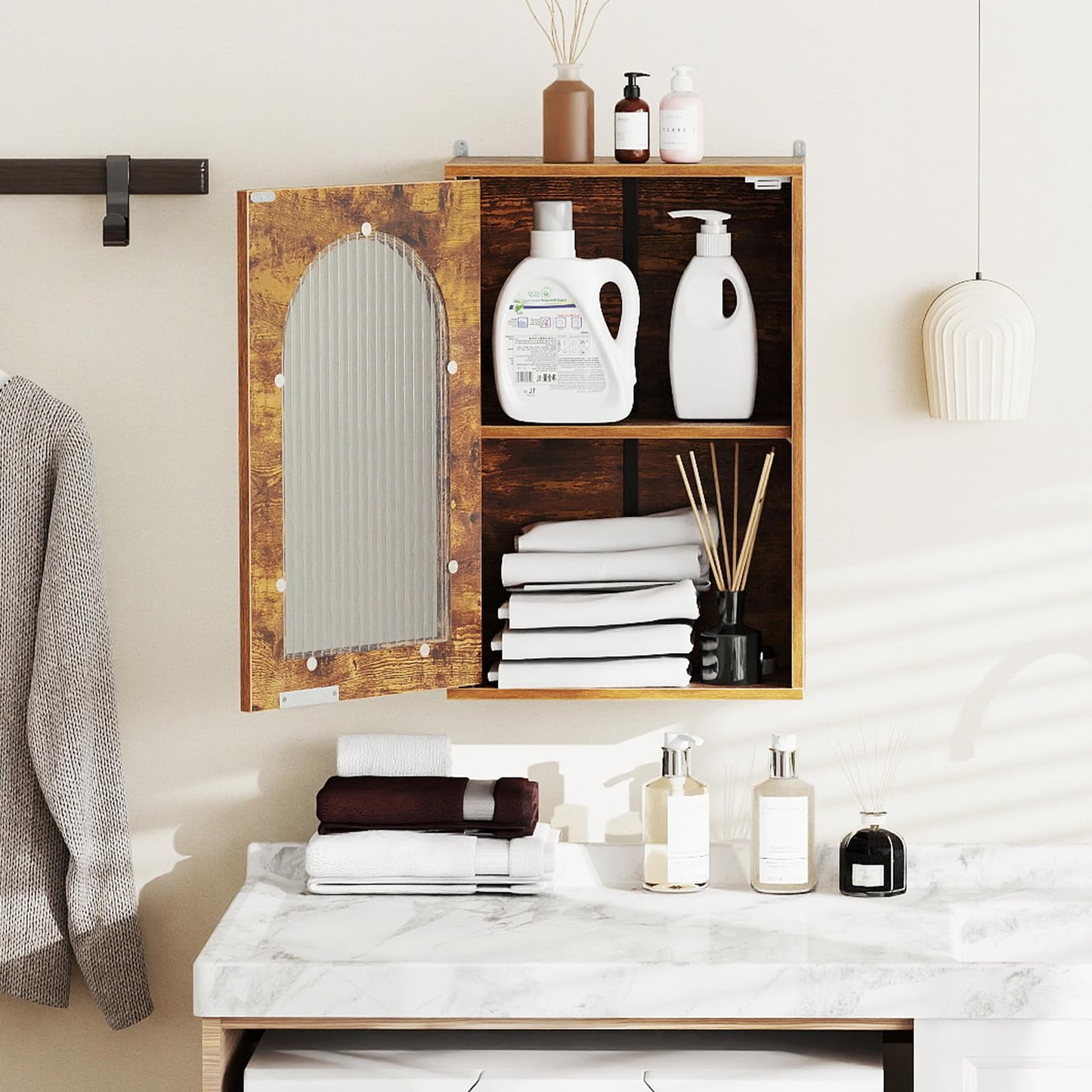 RELAX4LIFE Bathroom Wall Cabinet, Wall-Mounted Storage Cupboard with Tempered Glass Door and Adjustable Shelf