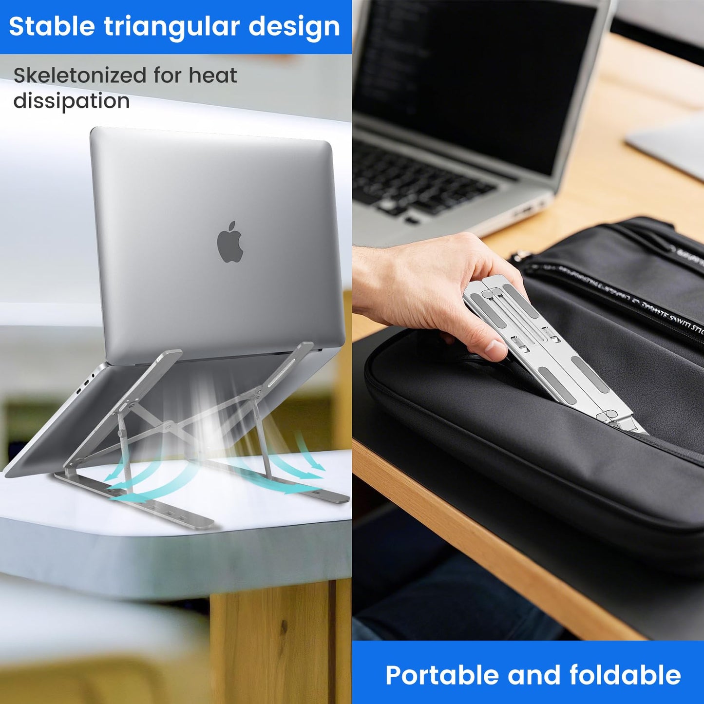GrandMil Adjustable Laptop Stand for Desk – Foldable & Portable ABS+Silicone Riser, Ventilated Cooling Holder for 10-17.3” Laptops & Tablets (Black)