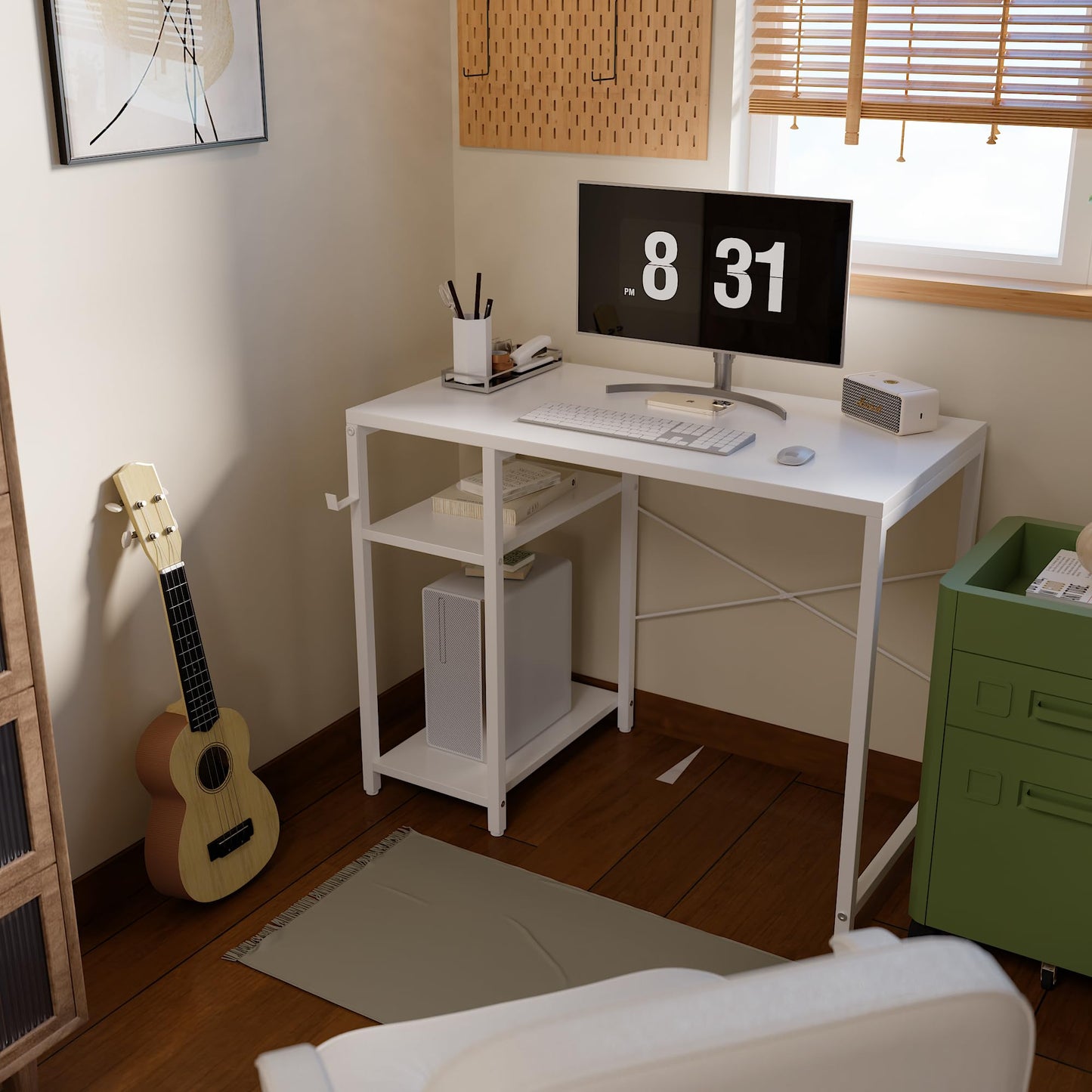 PAMRAY 80 cm Small Computer Desk with Shelves, Home Office Desk with Headphone Hook for Bedroom, Study Writing PC Table for Small Spaces, White