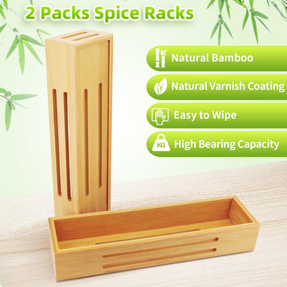 SAUNNIHEN Bamboo Spice Rack Organiser without Drilling, 4 Packs Spice Rack Wall Mounted, Spice Storage Organiser for Inside/Outside Cupboard, Herb