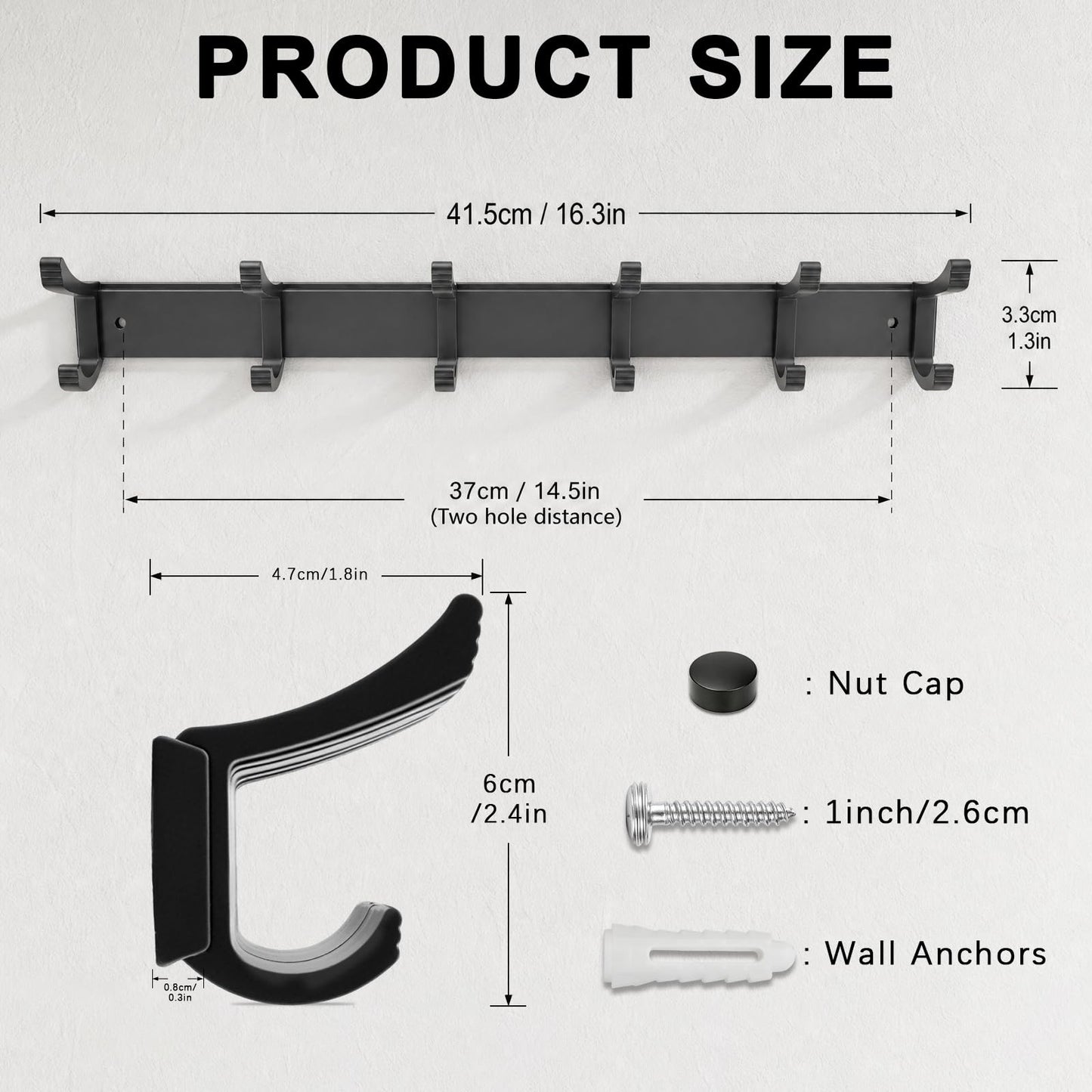 NONETO 2 Pack Coat Hooks Wall Mounted with 6 Movable Coat Rack (Black)