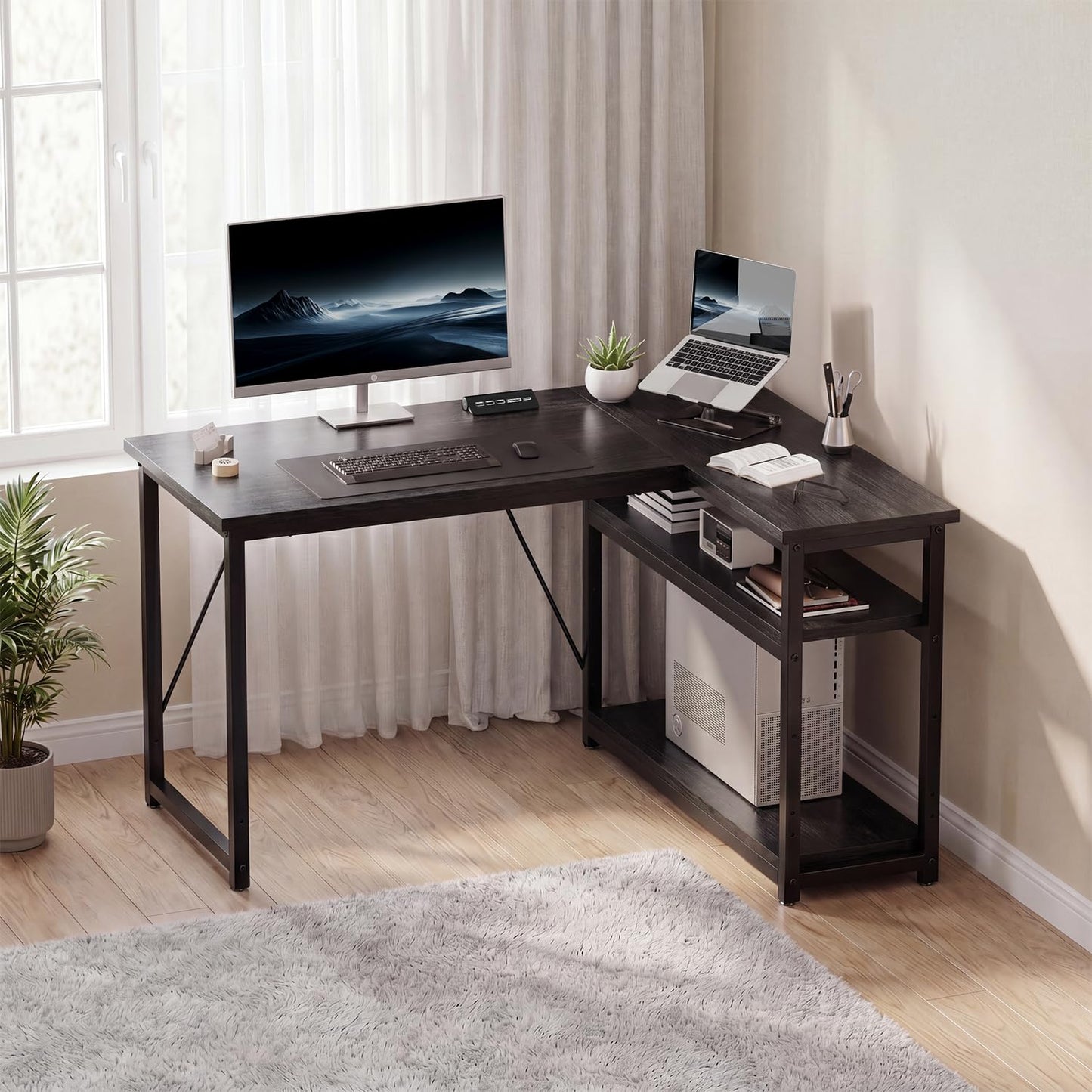 JUMMICO Small 100x80cm L-Shaped Corner Desk with Storage,Compact Corner Computer Desk for Home Office, Black