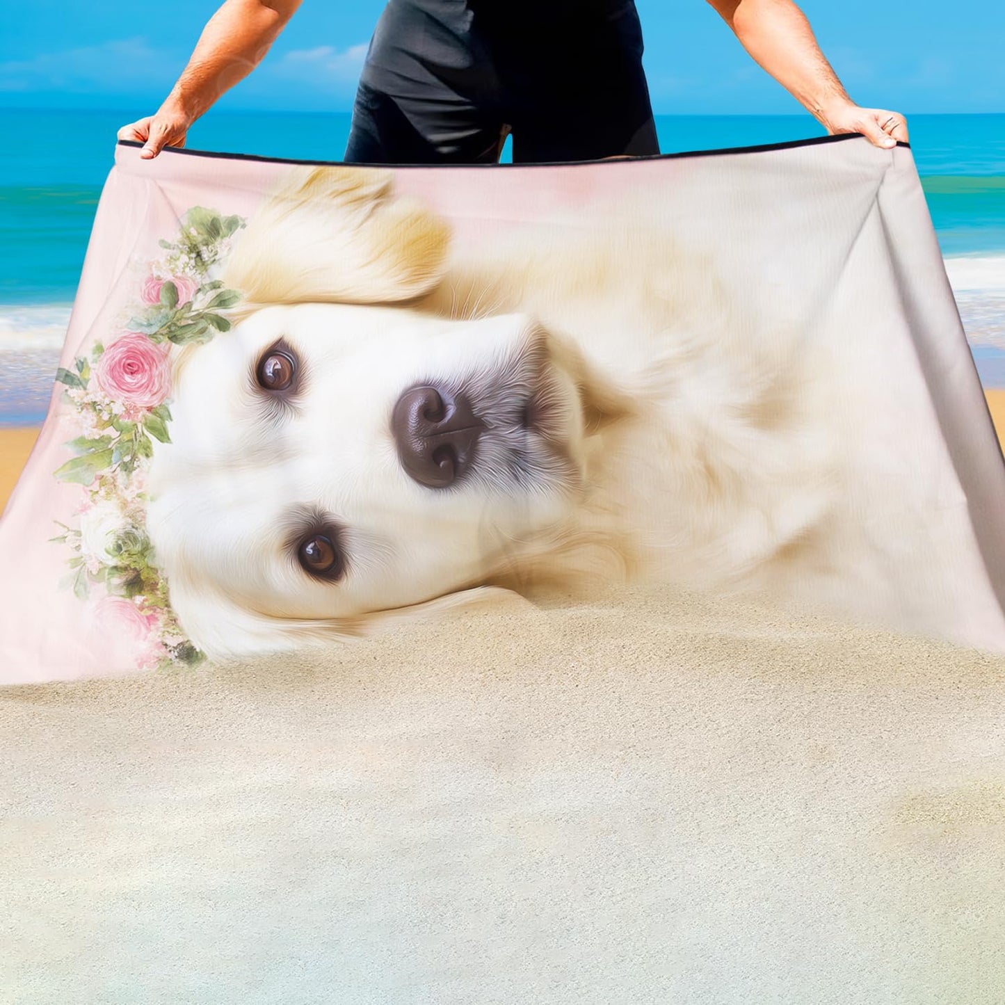 Violetpos Floral Wreath Golden Retriever Beach Towel for Dog Lovers, Extra Large 180x90 cm 250GSM Microfibre, Sand Free Quick Dry