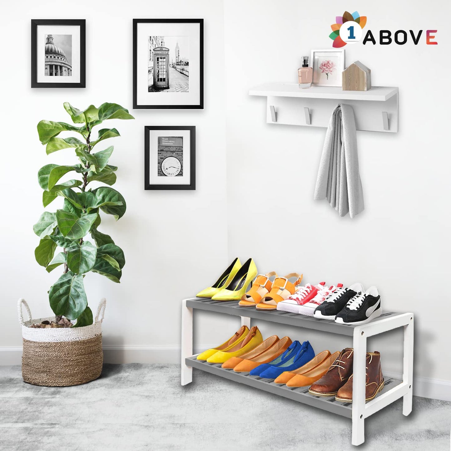 1ABOVE Bamboo Shoe Rack, Plant Rack, Perfect for Corridor, Living Room, Bathroom, Bedroom, Hallway or Small spaces-Parent. (Grey & White, 2 Tier)