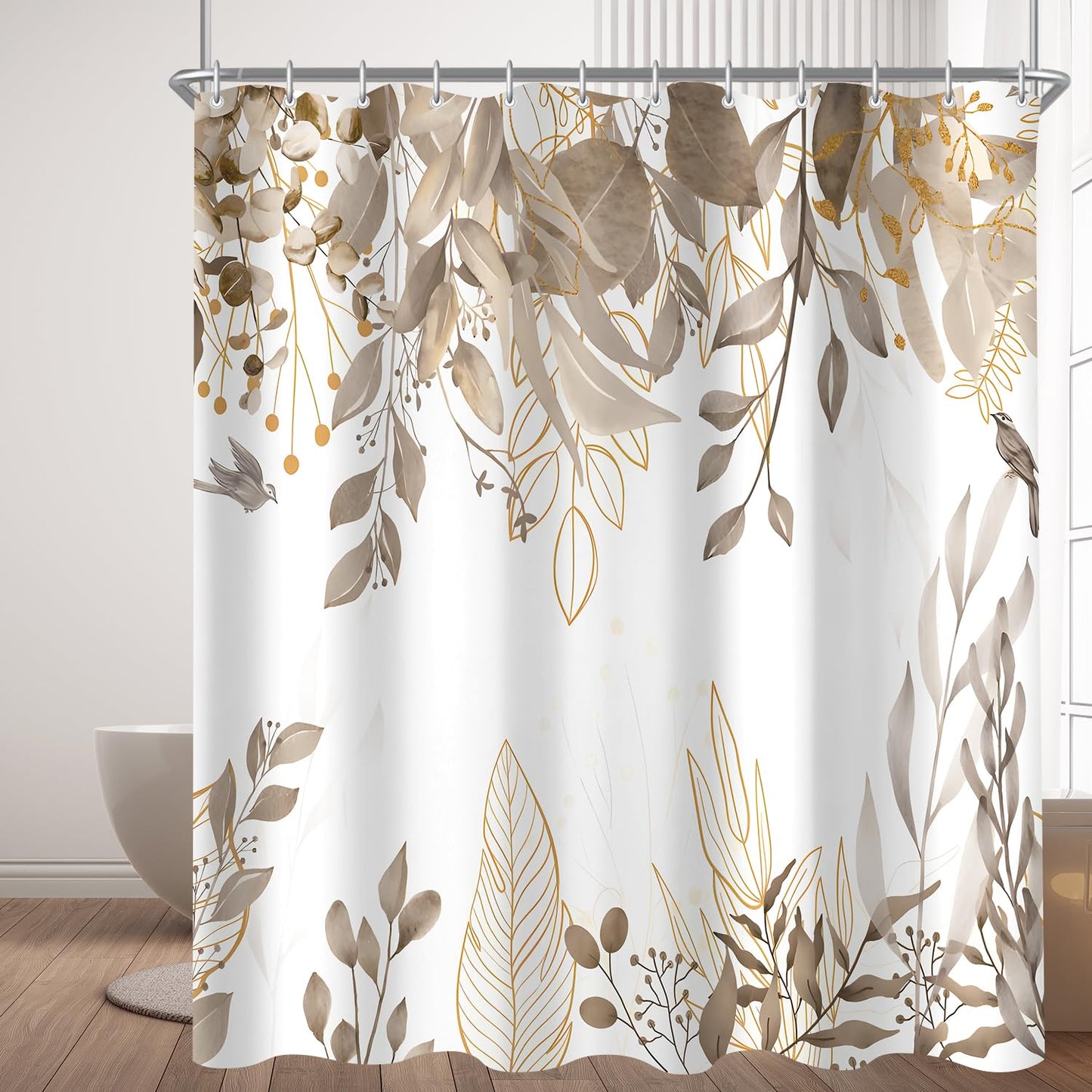 Lerores Shower Curtain, 200 x 200 cm, Grey Autumn Leaves, Weighted Hem, Anti-Mould, Water-Repellent