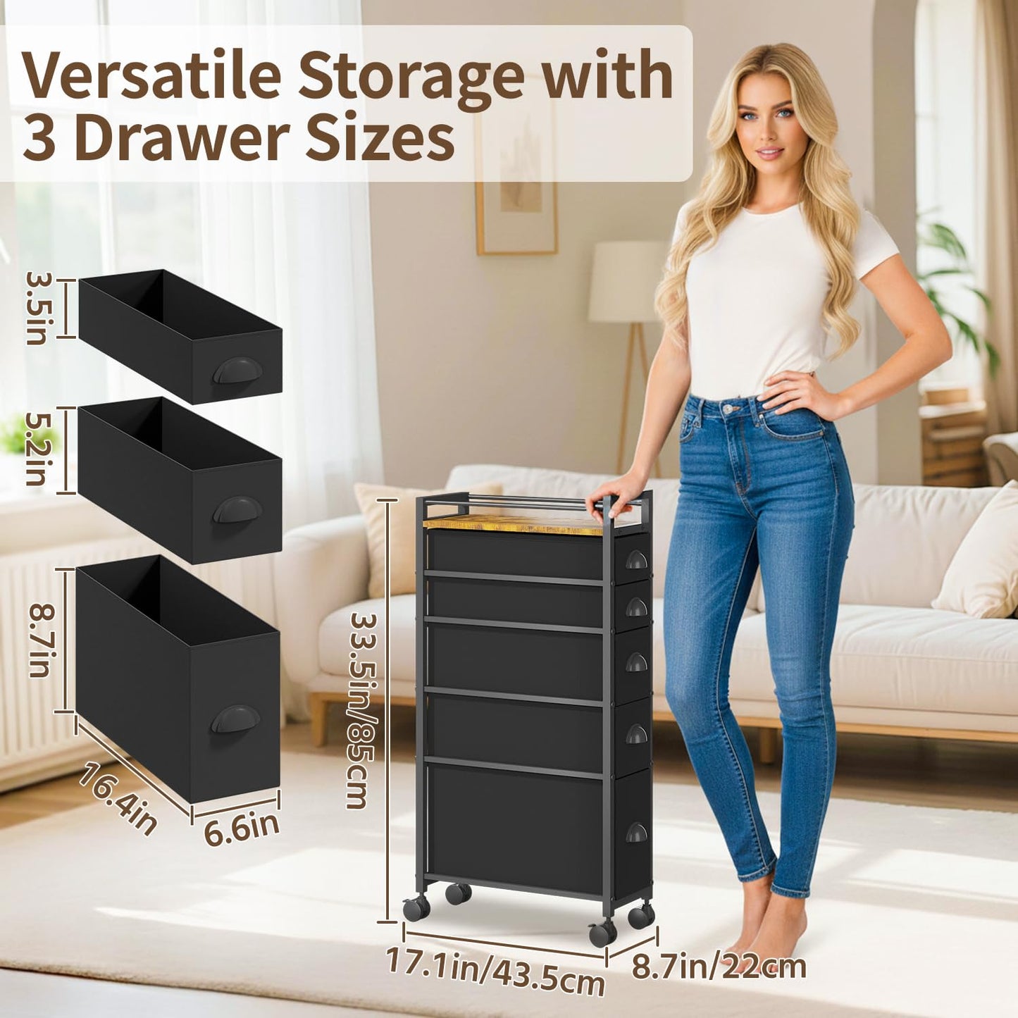 VASZOLA Narrow Cabinet Slim Storage Cart for Bathroom Small Space, Black