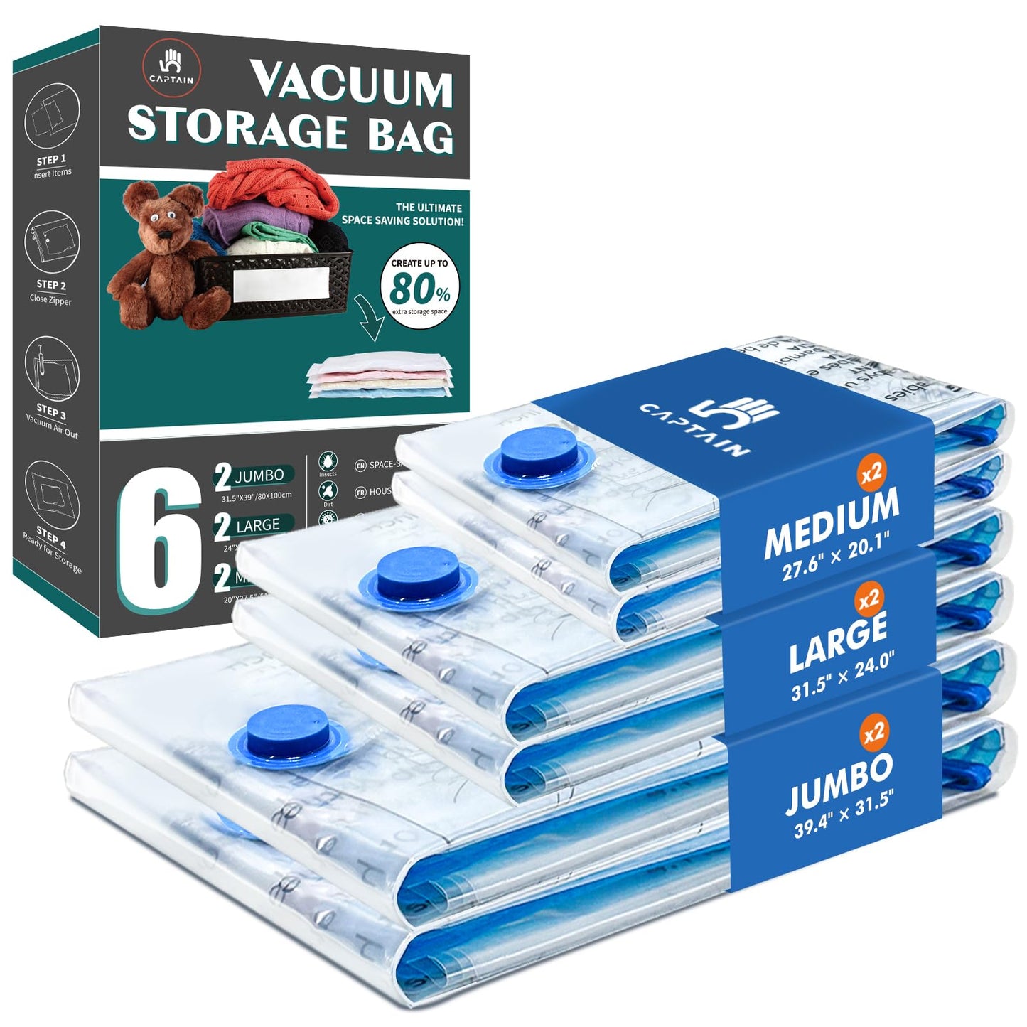 CaptainFive Vacuum Storage Bags 6-Pack (2 Jumbo + 2 Large + 2 Medium), Space Saver Sealer Vacuum Bags for Clothes, Pillows, Duvets, Bedding