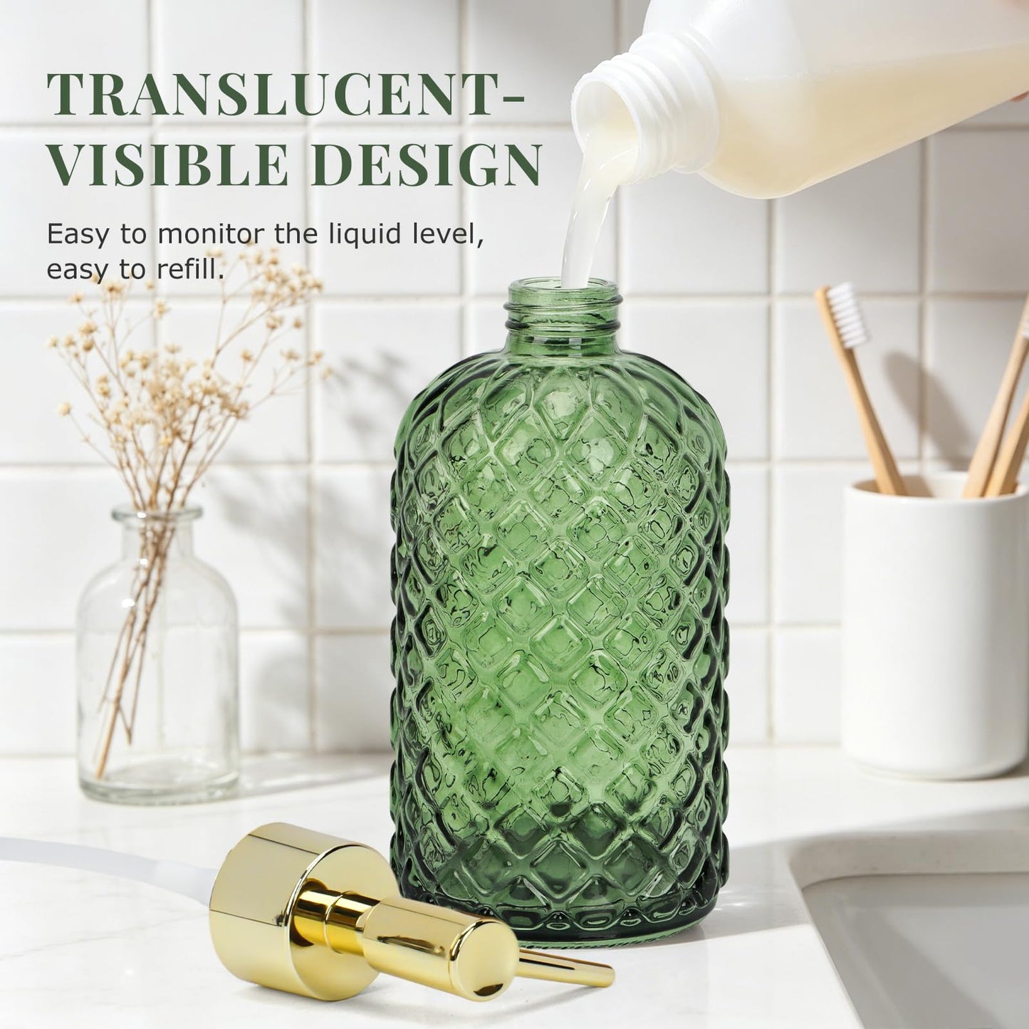 Soap Dispenser - 2 Pack, Clear Glass Refillable Hand Soap Dispensers, Hand and Dish Soap Dispenser, Soap Bottles with Gold Pump