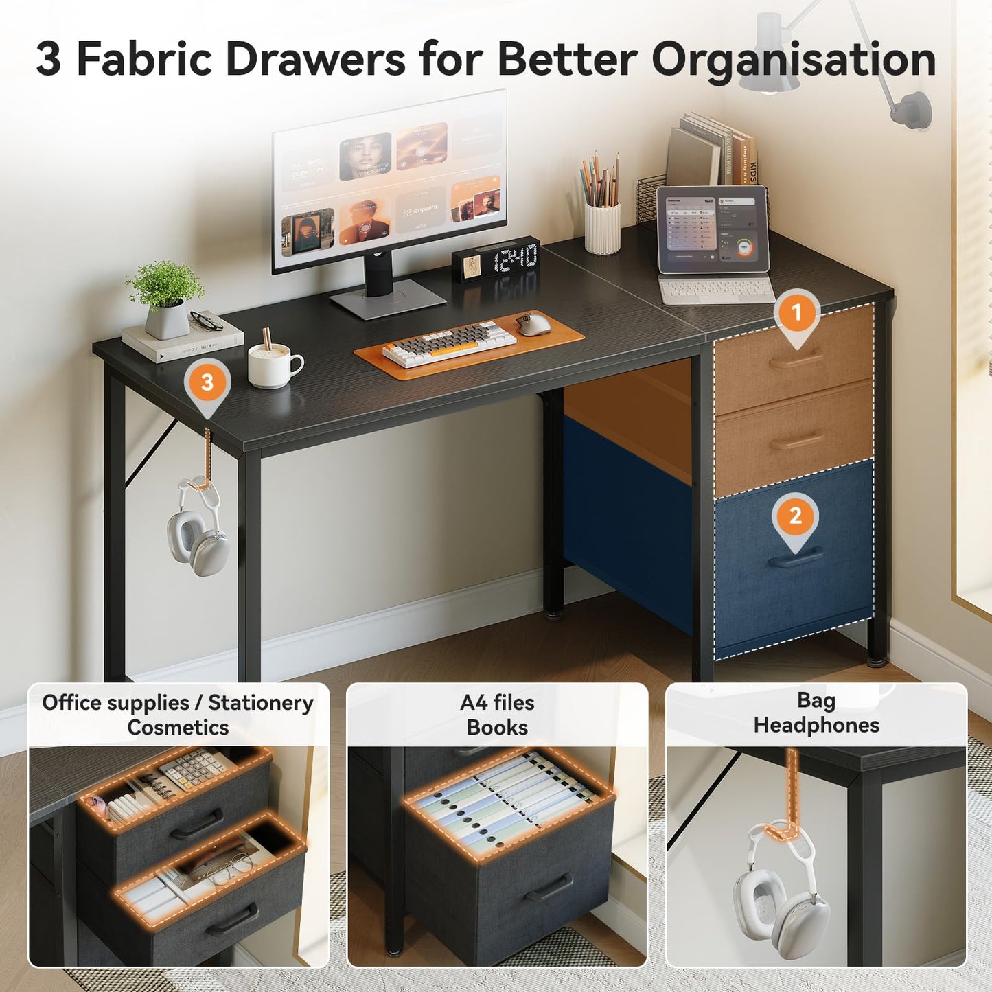 Coleshome Computer Desk with Drawers, 120cm Office Desk with Storage, Black
