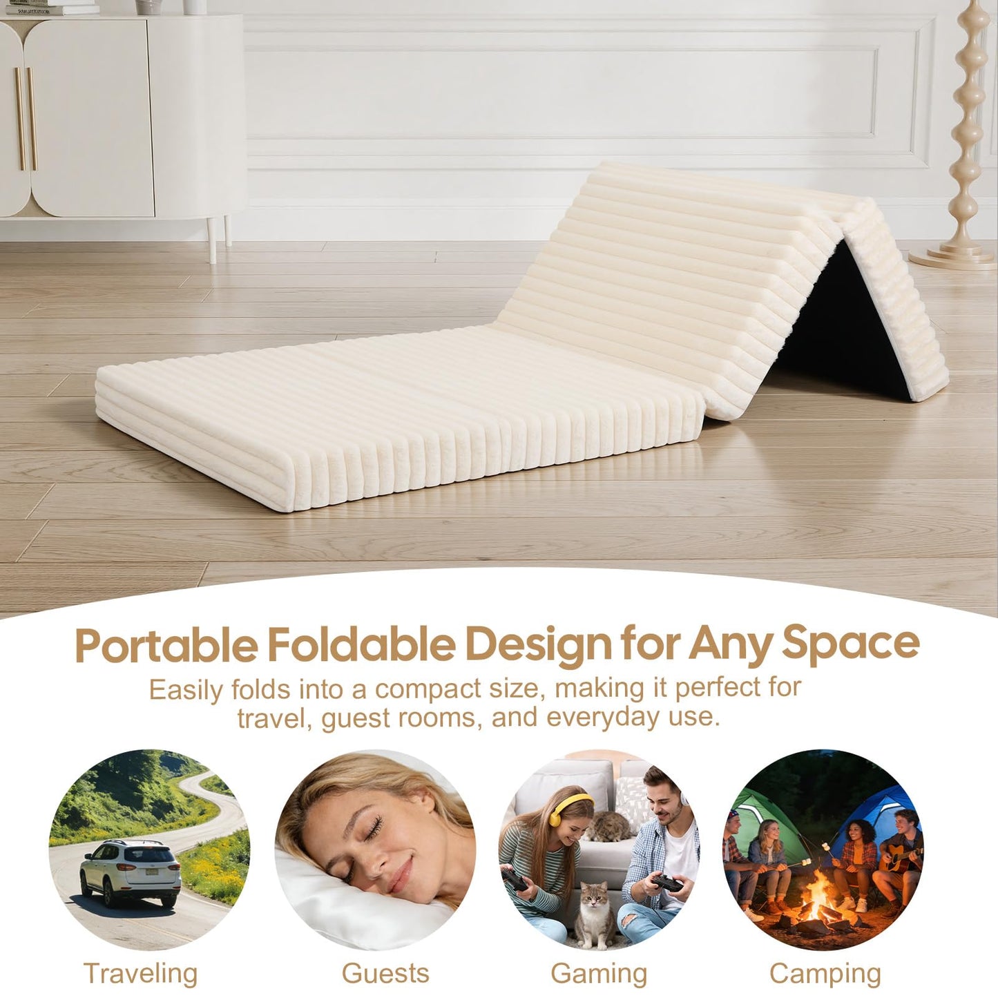 MeMoreCool Folding Floor Mattress 190x90cm, 4-Fold Foam Guest Bed, Beige