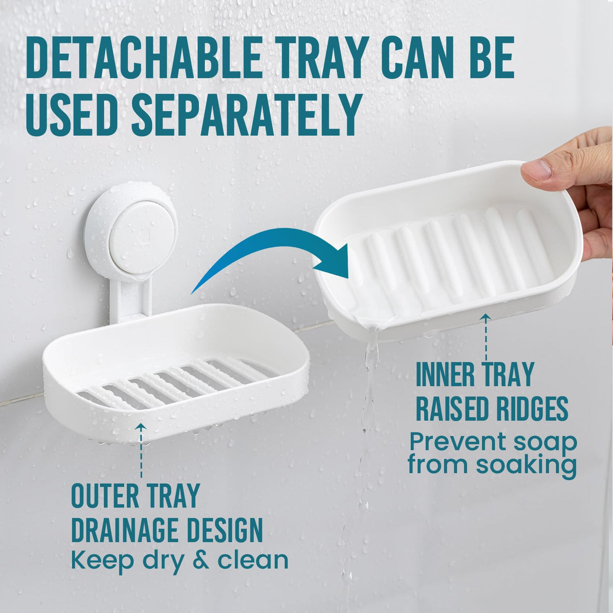 TAILI Suction Soap Dish for Shower, Drill-Free Wall Mounted Holder, White