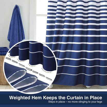 Blue and White Striped Shower Curtain with Hooks for Bathroom - Waterproof Polyester Fabric Shower Curtains, Anti-Cling Weighted Hem