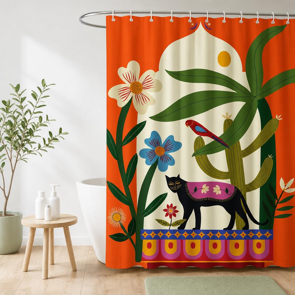 Hopomoon Orange Boho Shower Curtain,Mid-Century Modern Botanical Floral Black Cat and Bird Waterproof Polyester Bath Curtain with 12 Hooks
