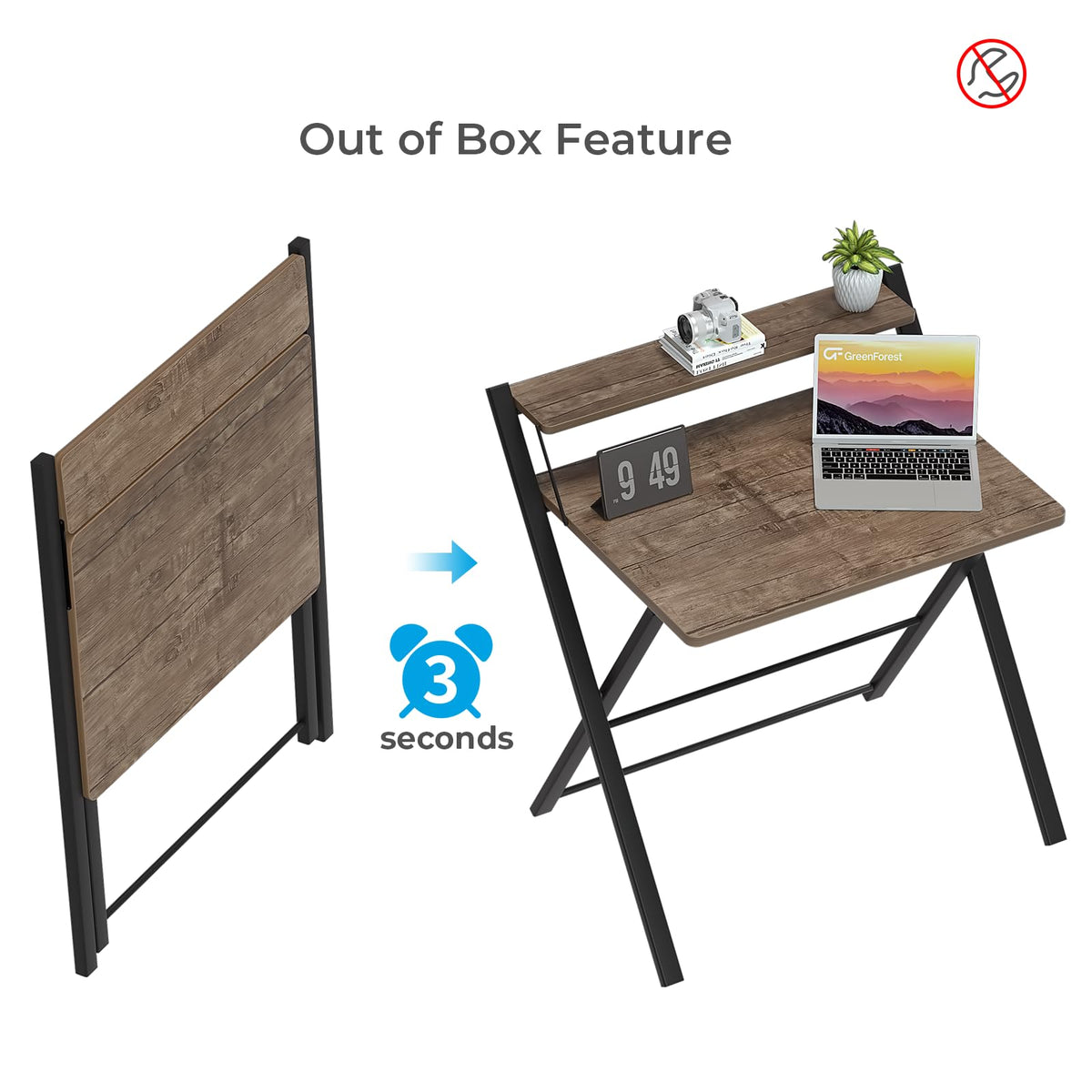 GreenForest No Assembly Required Folding Desk with Monitor Shelf,Brown