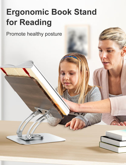 Tounee Book Stand for Reading, Adjustable Book Holder with 360 Swivel Base, Foldable Cookbook Stand Recipe Book Holder with Elastic Page Clips for