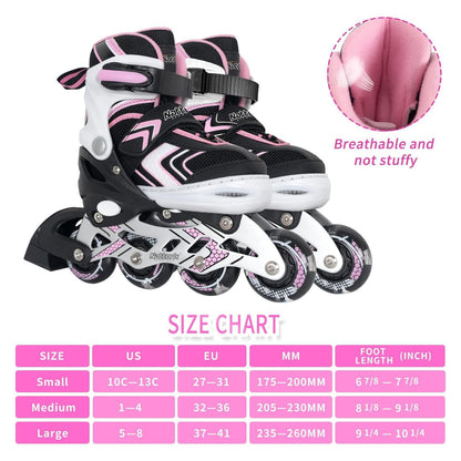 Nattork Roller Skates for Girls with Full Light up Wheels, Adjustable Beginner Inline Skates for Big Kids, Pink, Size 1 2 3