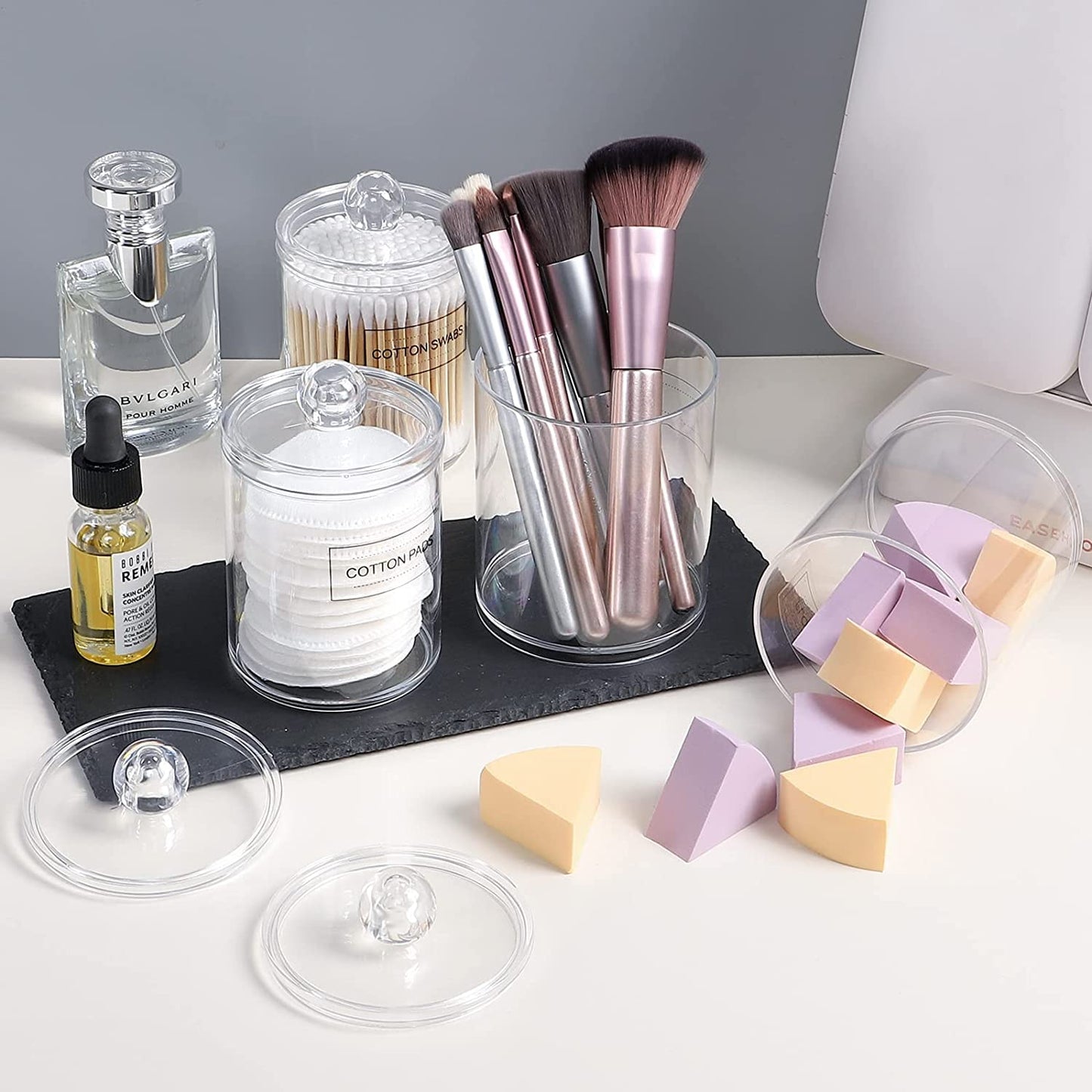OWAYOTO Cotton Bud Holder 10 Oz Bathroom Jars with Lids Small Cotton Swab Ball Pad Holder Makeup Organizer Containers Dispenser for Cotton Ball Swab