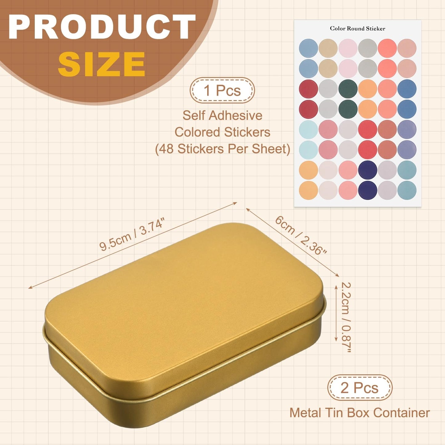 sourcing map 2Pcs Metal Tin Box Container, 3.7x2.4x0.9 Rectangular Empty Box with Self Adhesive Colored Stickers