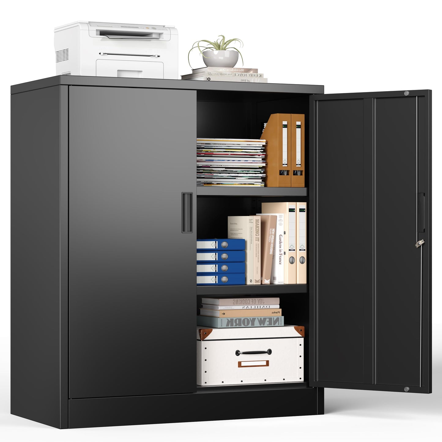 Metal Storage Cabinet, 90cm Locking Storage Cabinet with Doors & Shelves, Steel Storage Cabinet with 2 Adjustable Shelves for Garage, Home, Office
