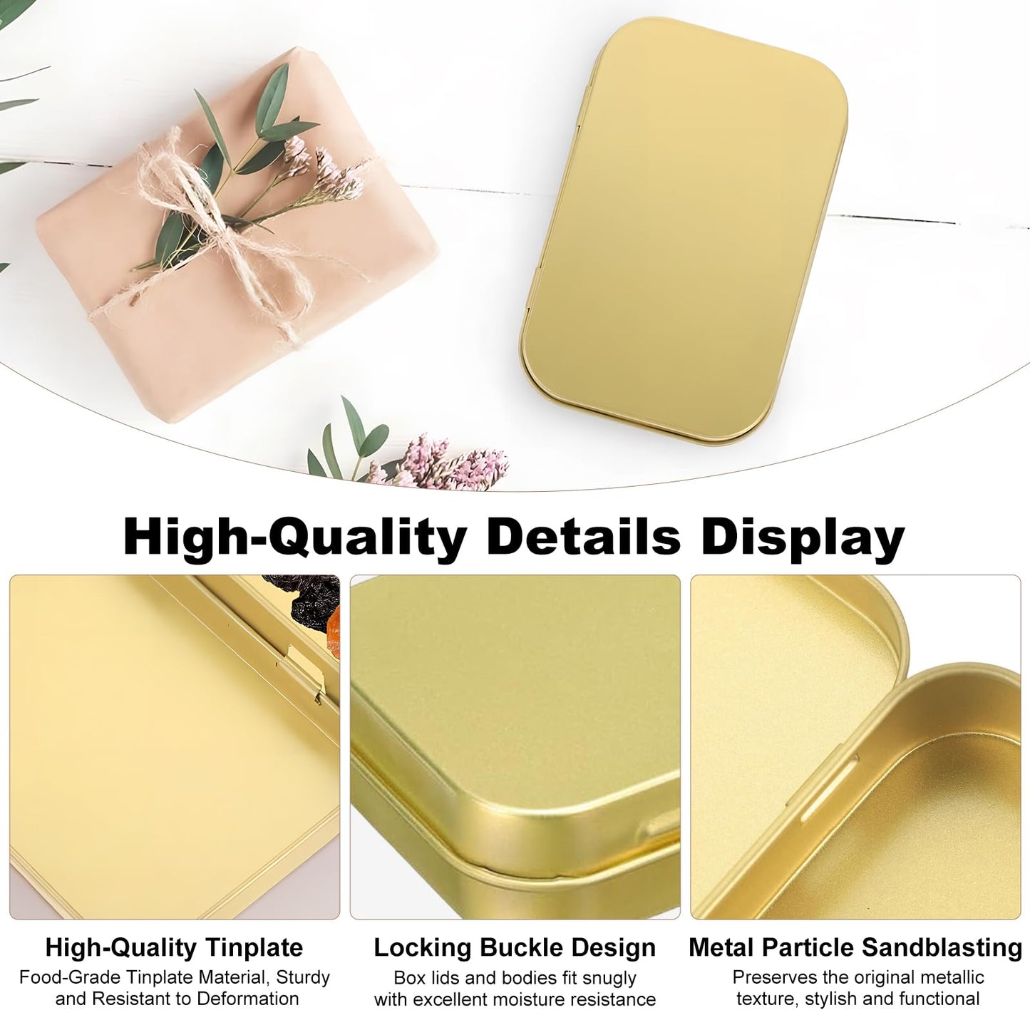 laveroar Small Tins with Lids, 9.5x6x2cm Golden Portable Mini Metal Tinwith Lids, Rectangular Hinged Tin Box Storage Containers for DIY Use