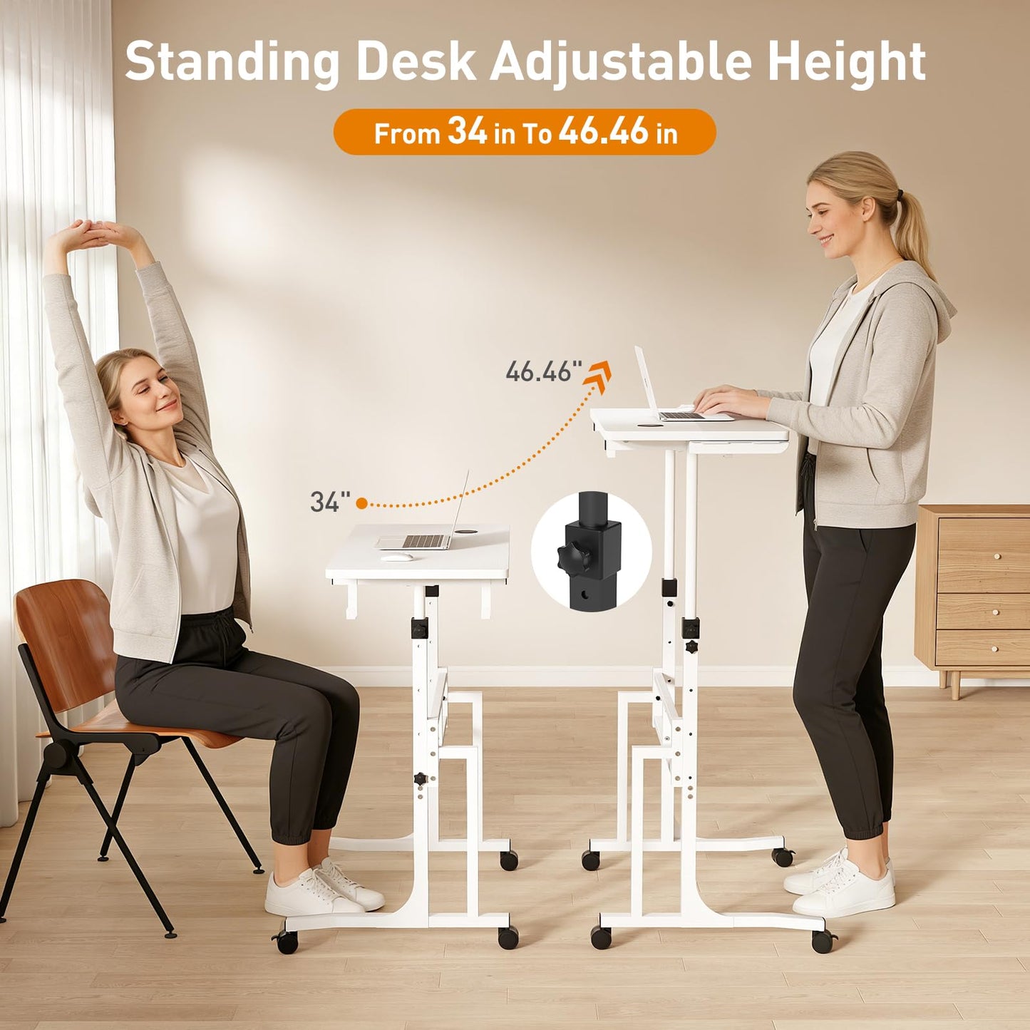 ikkle Standing Desk with Wheels, 34 Inch Height Adjustable Treadmill Training Table, Mobile Sit Stand Up Desk